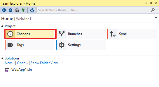 Screenshot of Visual Studio team Explorer in WebApp1 repo with the Changes option highlighted.